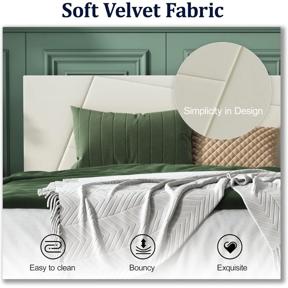 إطار سرير بمنصة رأس مخملية كاملة الحجم بتصميم هندسي، قوي ومجهز بشرائح خشبية لتقليل الضوضاء #5