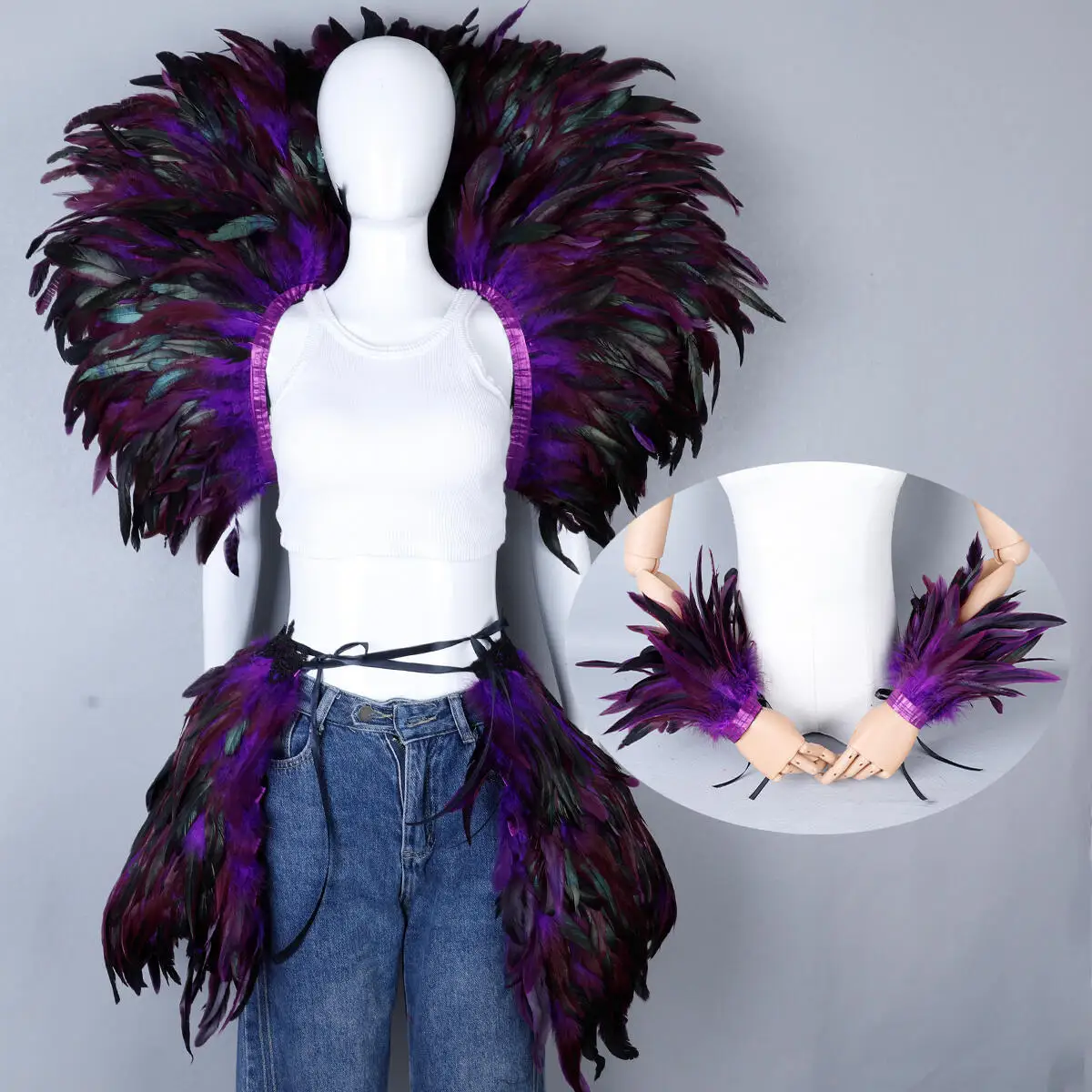 Gothic Karneval 3-teiliges Set Maskerade Gefiederter Kragen Brautschal Halloween Kostümzubehör für Damen Mode Cosplay Hexe – Detail 28