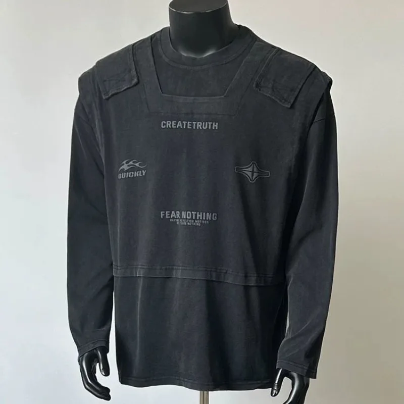 

Весенне-осенняя мужская футболка больших размеров с эффектом двухслойности, в рабочем стиле, с длинным рукавом, в нишевом хип-хоп стиле, функциональная, складная, свободного кроя