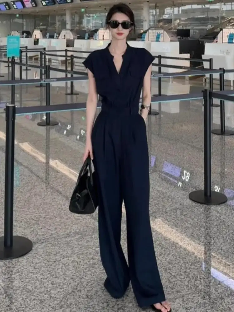 Ele – combinaison taille haute à jambes larges pour femmes, décontractée, coupe droite, longueur au sol, costume coréen Sle Commute Faion