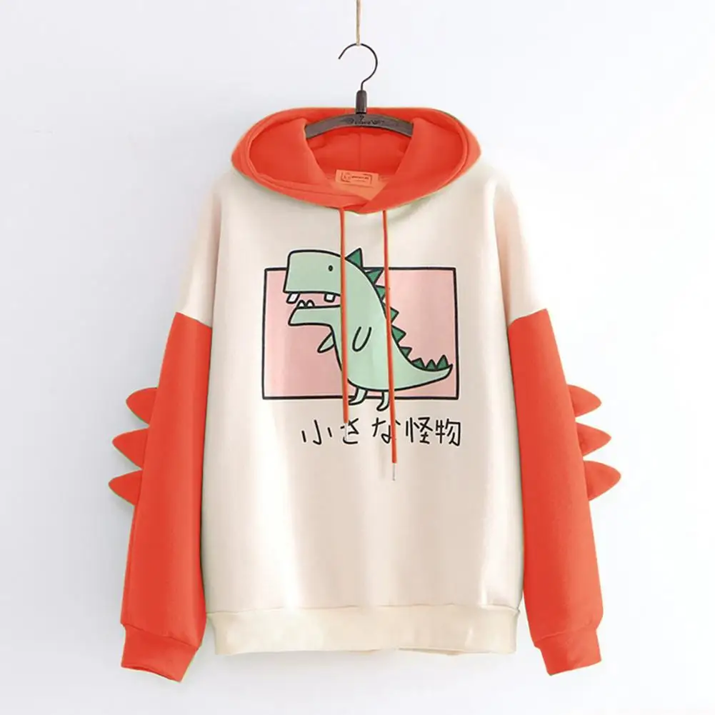 Duurzame Herfst Uitloper Dinosaurus Patroon Losse Trekkoord Capuchon Lange Mouw Nieuwigheid Sweatshirt