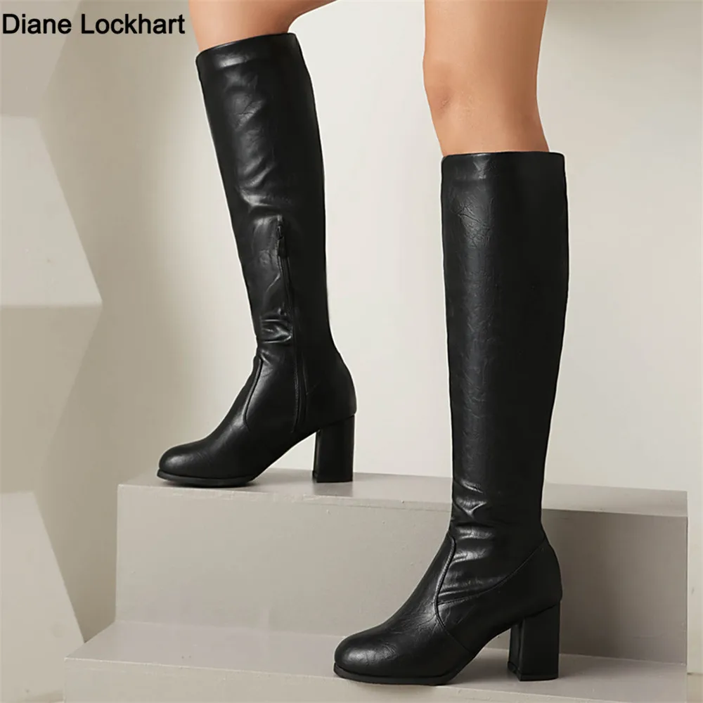 

Women's Round Head High Tube Boots 2026 Autumn Winter New Fashion White Simple And Versatile Square Root Side Zipper Boots 34-46