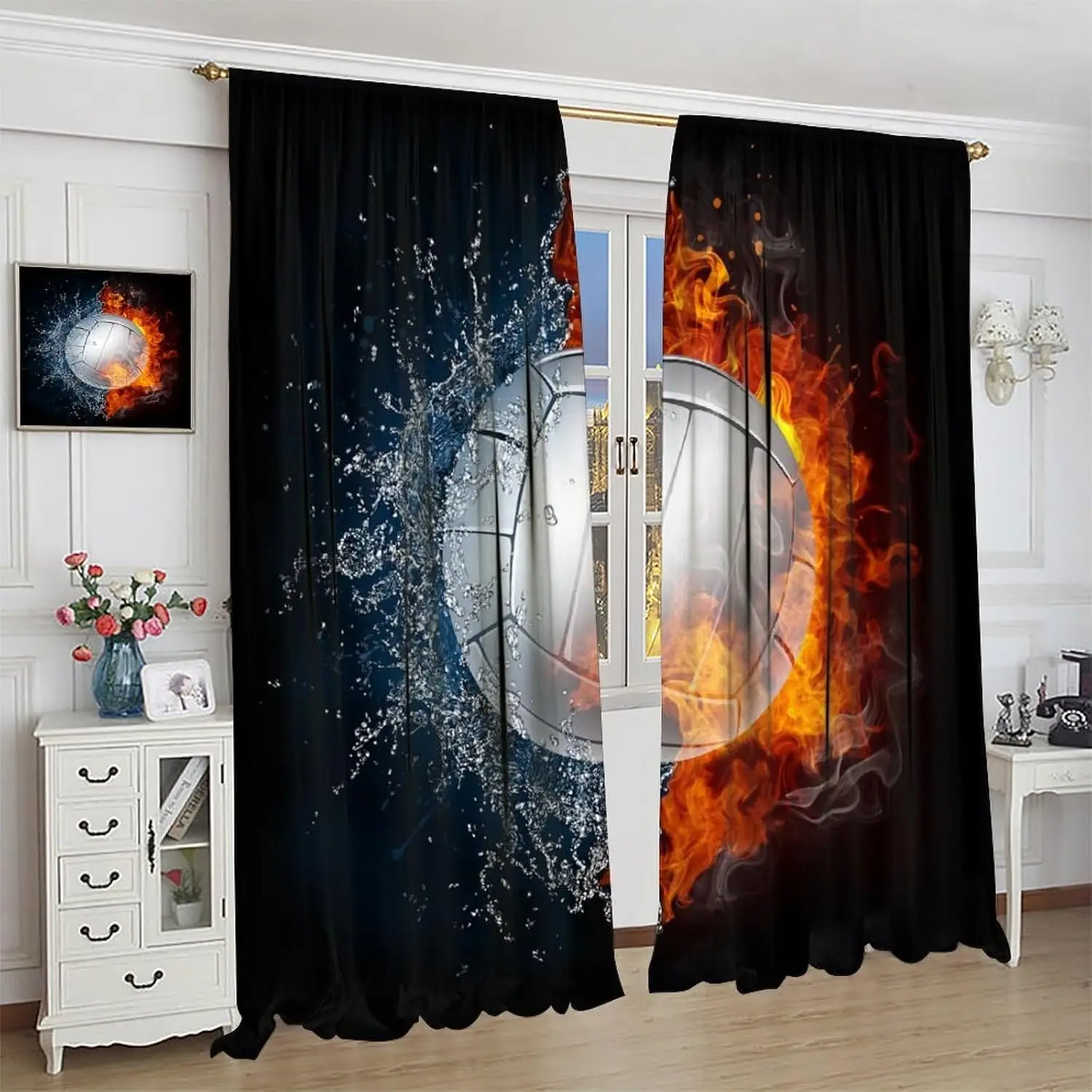 

Занавеска для горящего волейбола, симметричная энергия, ударное искусство для спальни, гостиной, комнаты для мальчиков, обработка окон, 42 дюйма Ш X 45 дюймов, длина