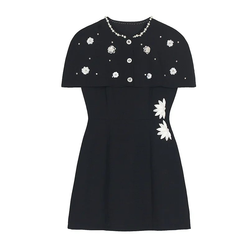 

High Quality Black Beaded Shawl Dress Two-piece 3D Flower Diamond Round Neck Vest French lady Dinner Party Luxury Short Dress