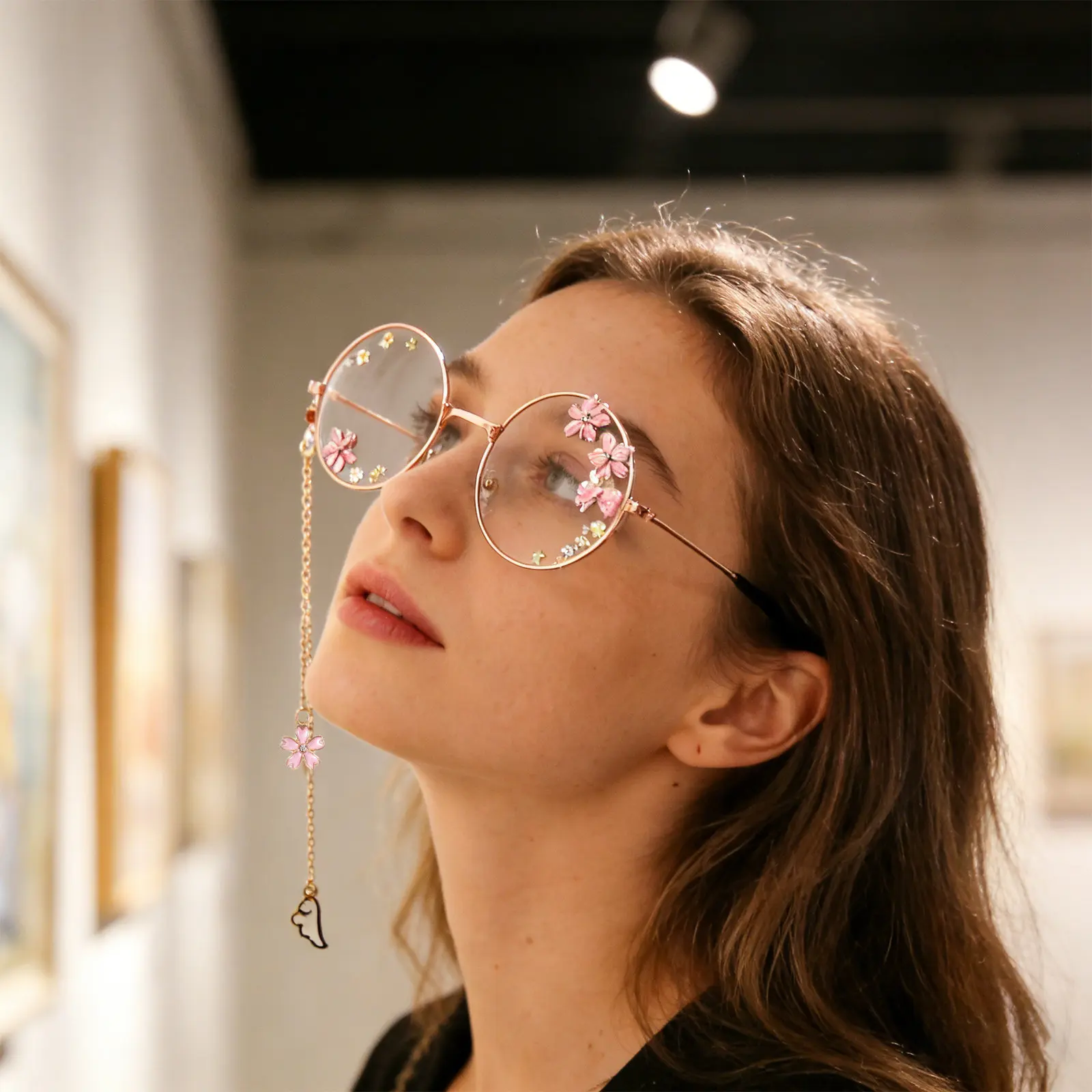 

Очки в стиле стимпанк Kawaii с цветами вишни, съемная цепочка, милые розовые очки для косплея на Хэллоуин, для девочек и женщин