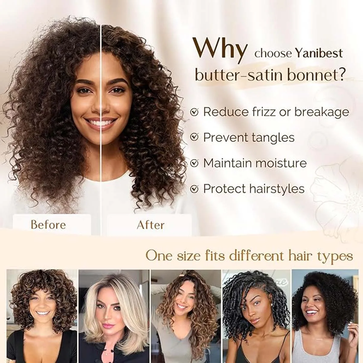 YANIBEST Verstellbare Seiden-Schlafhaube für Frauen Doppellagige Satin-Haube Reduziert Reibung Verhindert Frizz Lockiges Haar – Detail 7