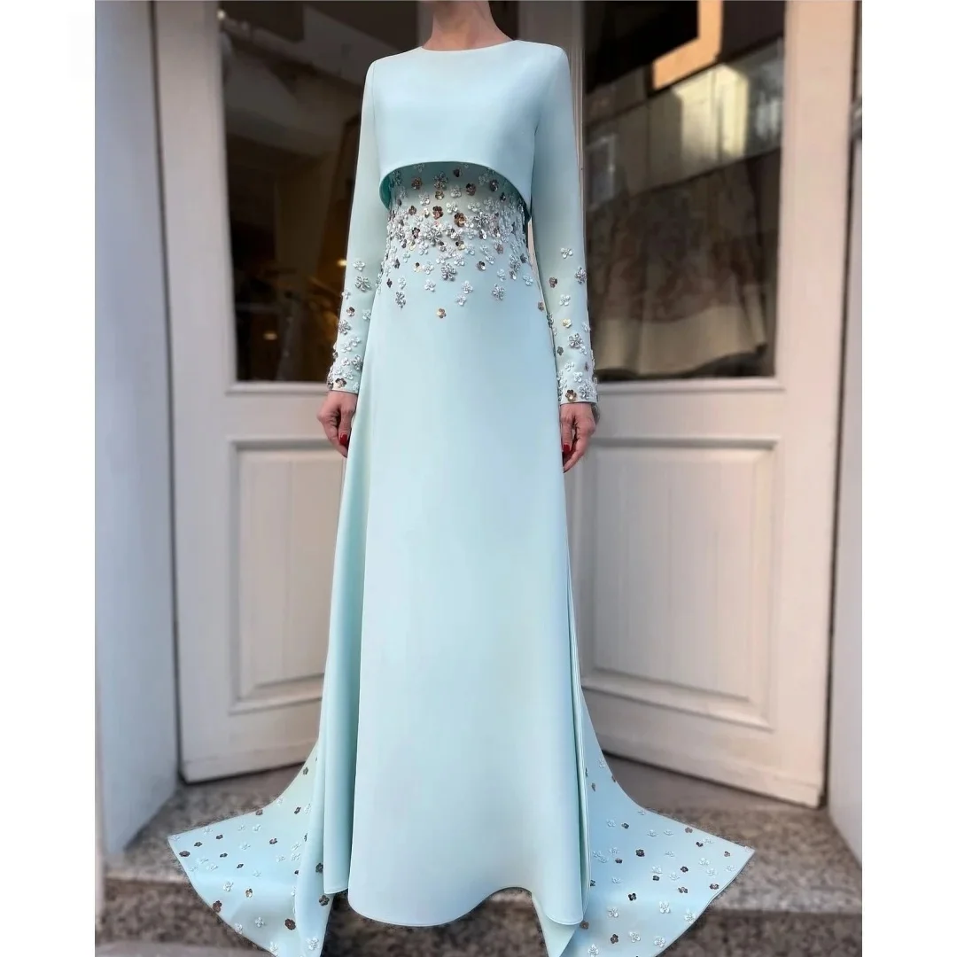 

Floral Long Sleeves Bespoke Occasion Gown Long Evening Dresses Pastrol Unisex Jersey Retro Dubai Saudi Arabic Prom Customized