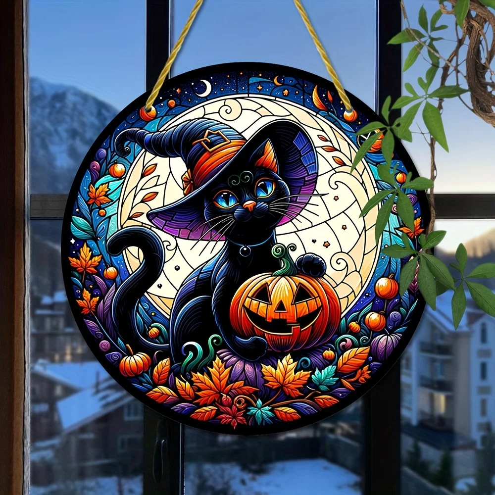 Eclectic Style Black Cat with Pumpkin Acrylic Hanging Suncatcher,Translucent Circular Wall Decor,Painted Floral Wreath Design