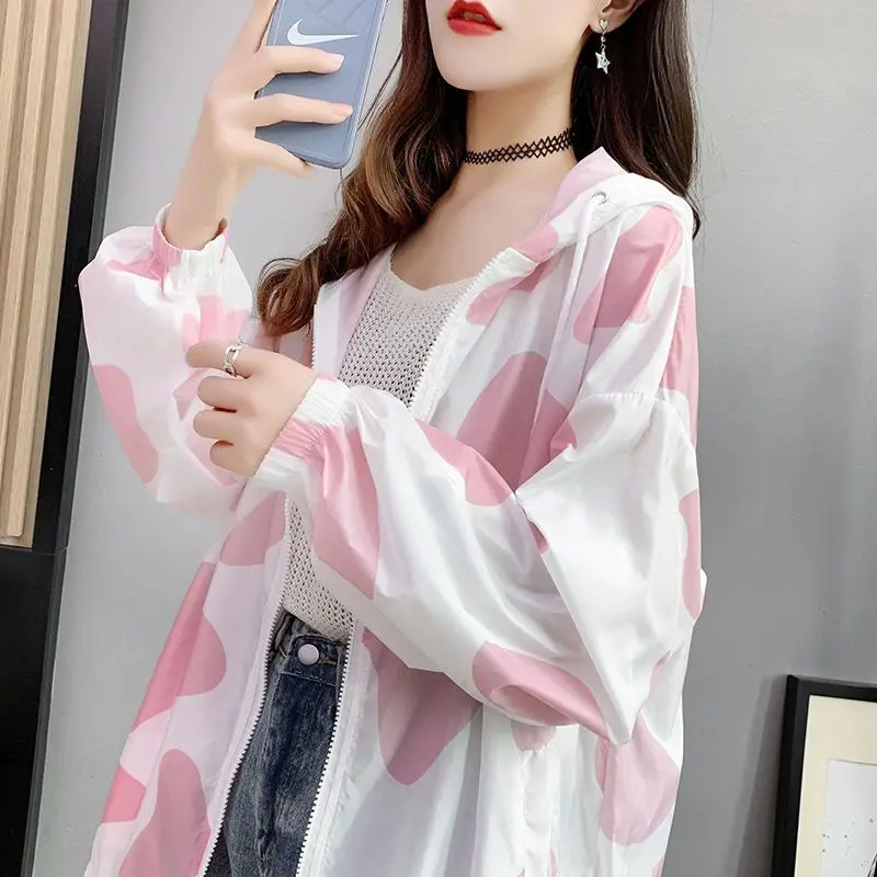 Large Size Sunscreen Women Summer Ventilation Loose Thin Style Hooded Contrasting Colors Zipper Affordable Comfortable Tops Coat