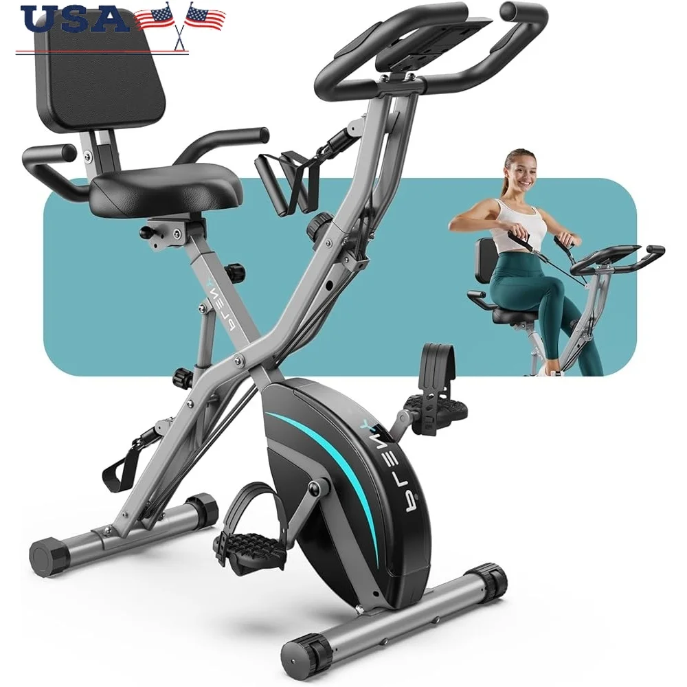 

5 IN 1 Folding Exercise Bike Magnetic Resistance Quiet Indoor Home Fitness Bicycle with Back Support Cushion and LCD Monitor