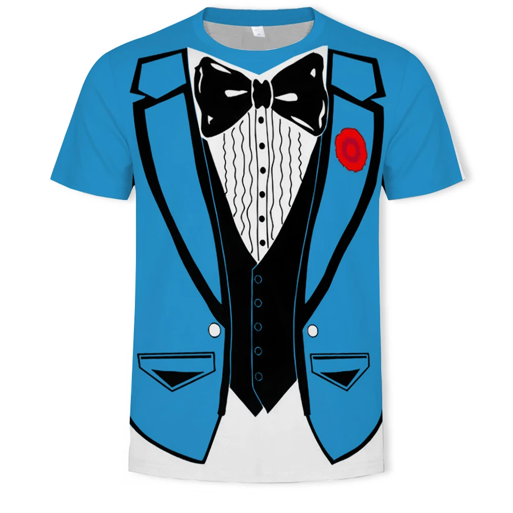 Men\'s 3D Print Hip Hop T-Shirt round Neck Short Sleeve Personality Top for Summer Leisure Imitate a Suit Picture Thin Style