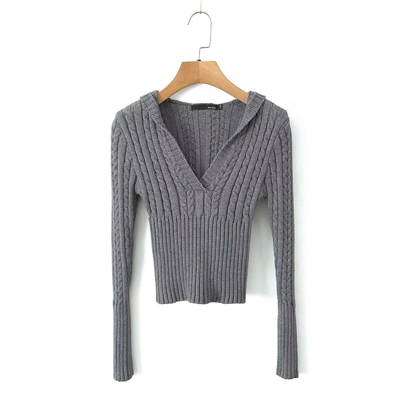 YENKYE-Pull à capuche en tricot torsadé monochrome pour femme, pull vintage, manches longues, pull court mince, gris, pull blanc, automne, nouveau