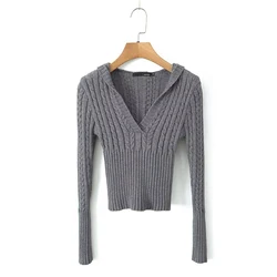 YENKYE New Autumn Women Solid Twist Knit Hooded Sweater Vintage Long Sleeve Slim Crop Pullover Gray White Jumper Tops