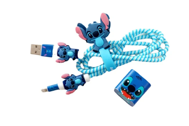 Disney Stitch  Winder Set Illustration Anime Cartoon Kawai Charger Usb Sticker Iphone Data Cable Protective Case