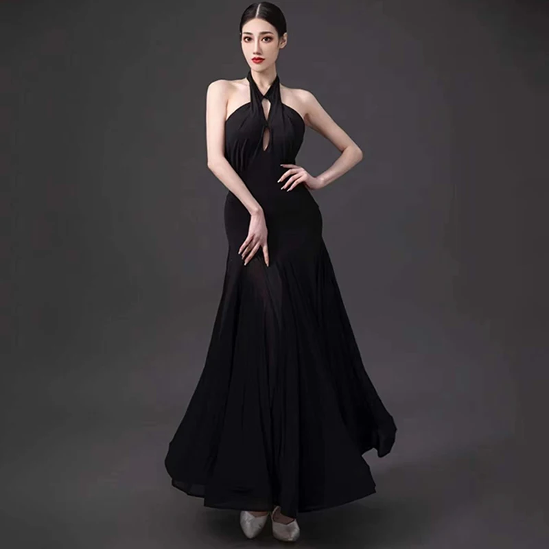 Sexy Ballroom Dance Kleid Frauen Modern Dance Kostüm Neckholder Schwarz Kleid Walzer Leistung Kleidung Tango Dancewear BL10243