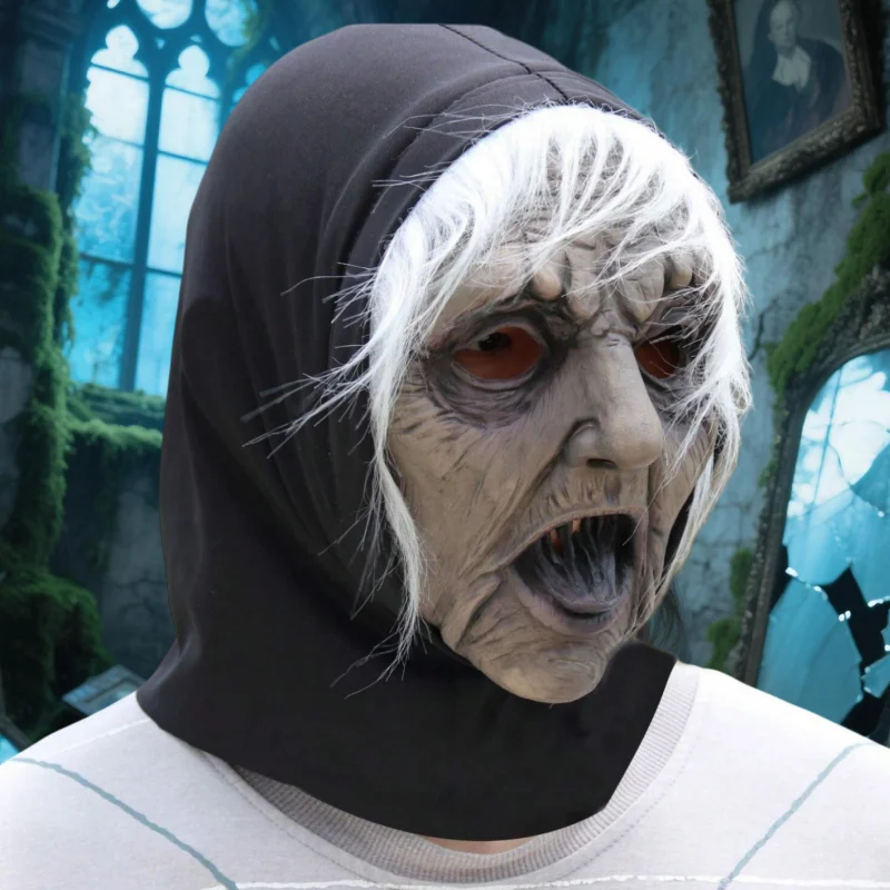 White Haired Witch Mask, Latex Lady Mask with Hijab and Wig, Suitable for Costumes to Play Scary Witch Costume Party Props