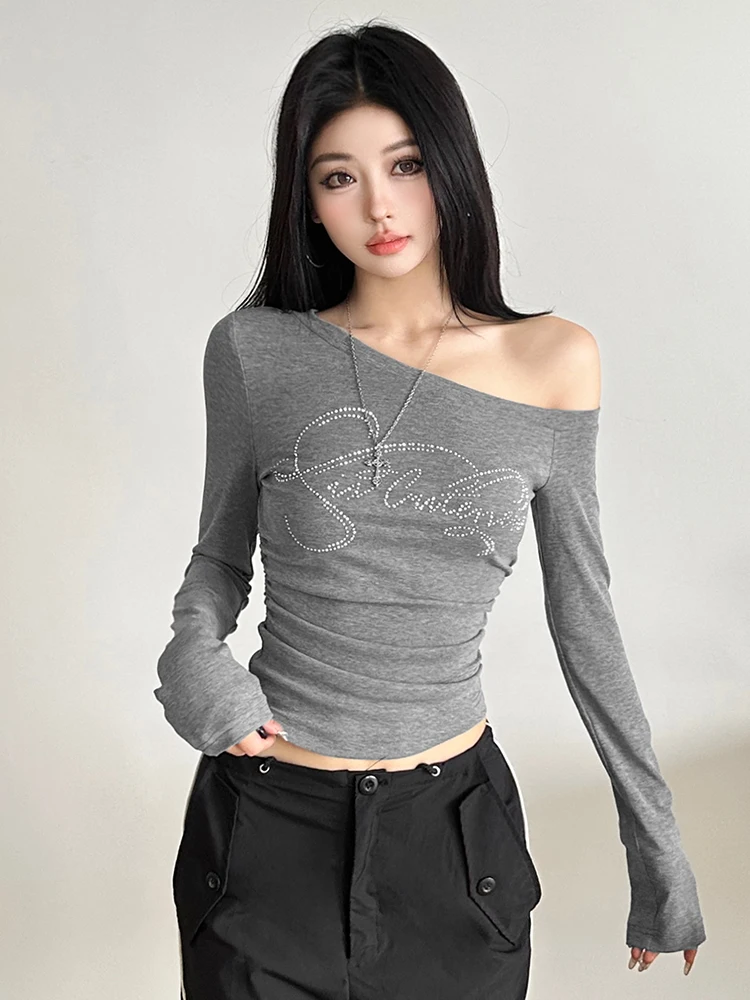 WEIRD PUSS ey Lettre Long Sve oulder Bared T irt Femmes Casual Polyvalent Minceur Base Couche irt Coton Polyester...