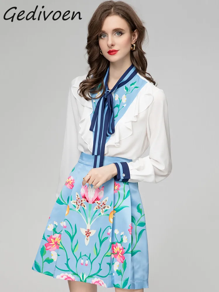 Gedivoen Spring Fashion Runway Vintage Print Skirt Set Women's Ruffles Frenulum Slim Shirt+Diamond Slim Mini Skirt 2 Pieces Set