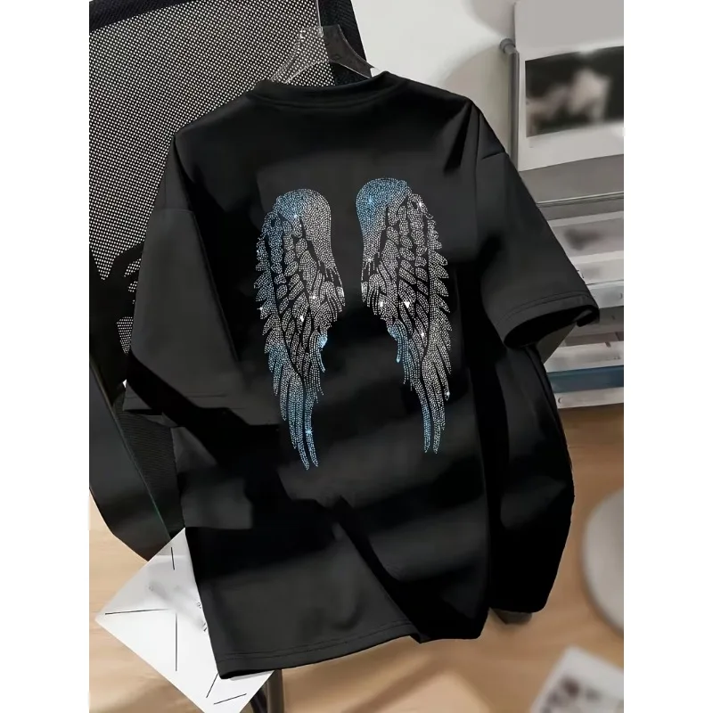 Angel Wings Print T-Shirt Dreamy Boho Wings Design Women's Casual Crew Neck Short Sleeve Tee for Summer Daily Wear