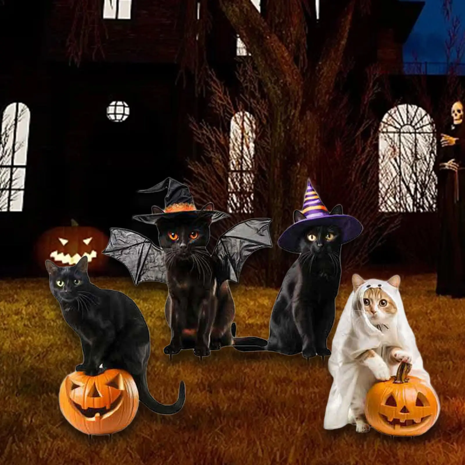 4x estátuas de gato estacas de jardim decorações de Halloween enfeites fofos animais