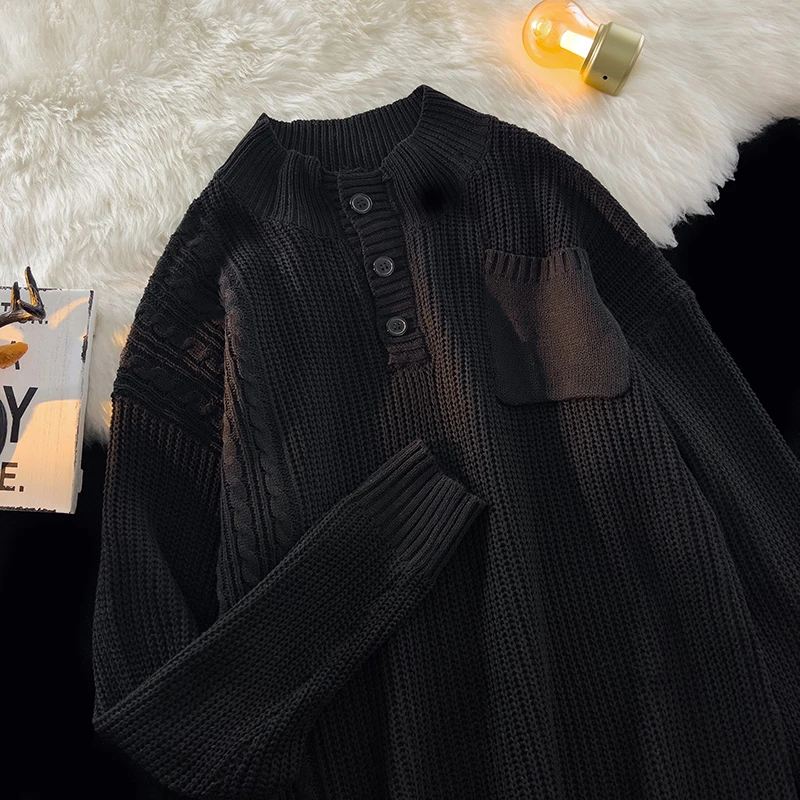 

American Sle Henry Collar Sweater Men's Autumn Winter Color Base Layer Teenage Trendy Loose Knitted irt