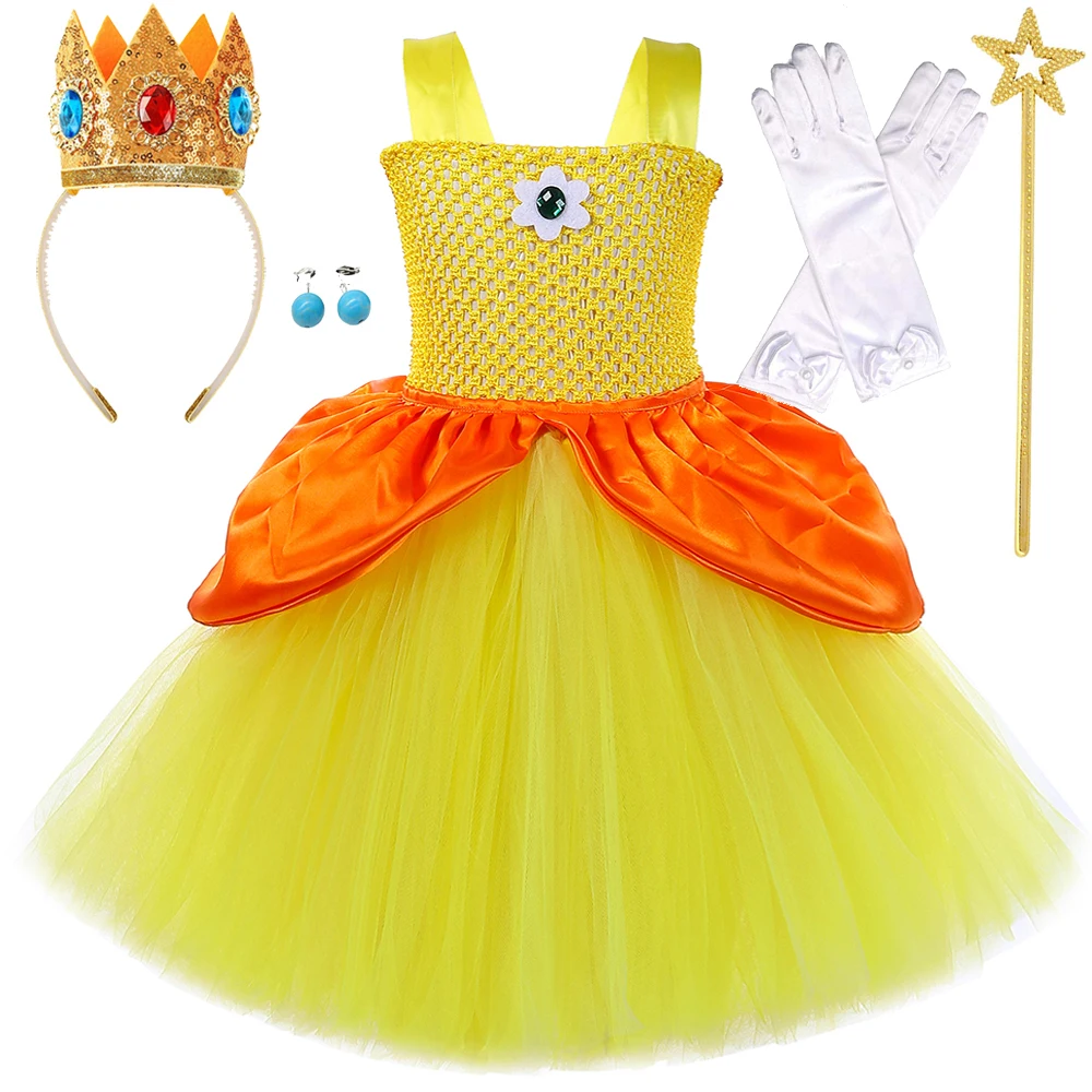 Yellow Princess Daisy Ballet Tutu Dress for Girls Birthday Party Outfit Kids Christmas Halloween Costumes with Crown Wand Gloves