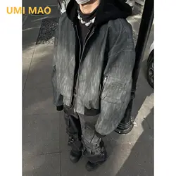 UMI MAO American Retro Work Jacket Men's 2024 Spring Autumn New Design Fake Two-piece Hooded Leather Jacket Top