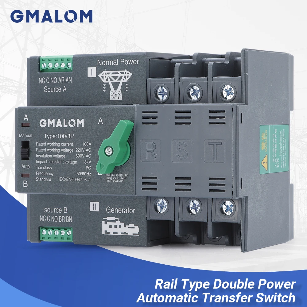 

Rail Dual Power Automatic Transfer Switch 2P 3P 4P ATS Selector Switches Uninterruptible Millisecond Power Generator 100A AC220V