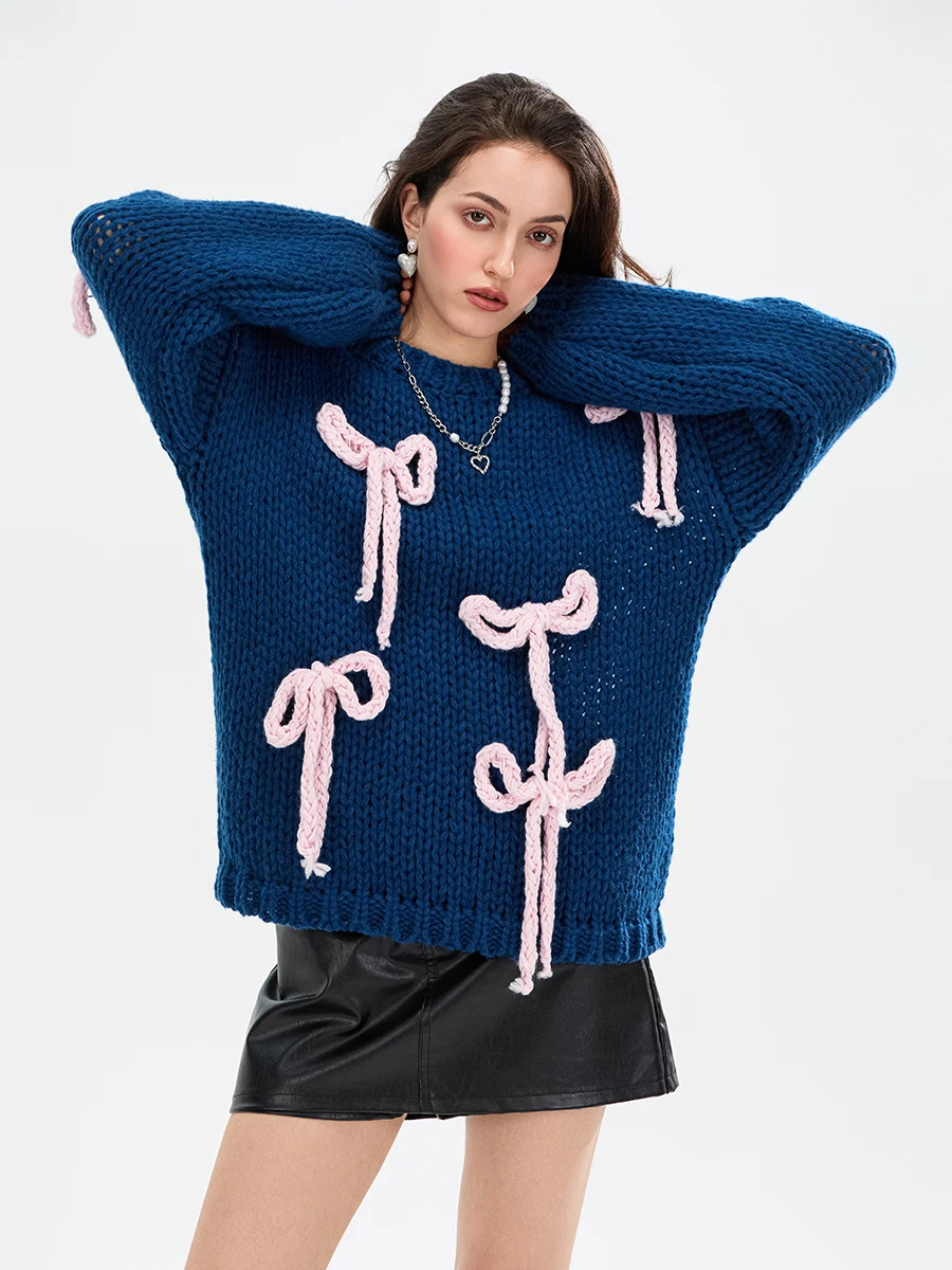 Women s Cozy Knit Pullover Sweater with Long Sleeves and Adorable 3D Bow Detailing for Autumn and Winter Style