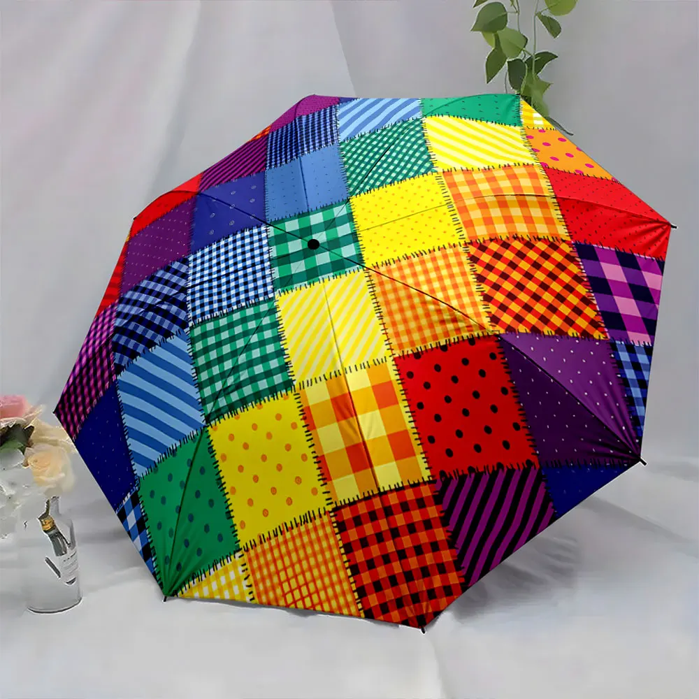 1PC Colorful Patchwork Umbrella Design for Bright Days Print 8 Iron Ribs Folding Umbrella Auto-Open Fashion Sunshade