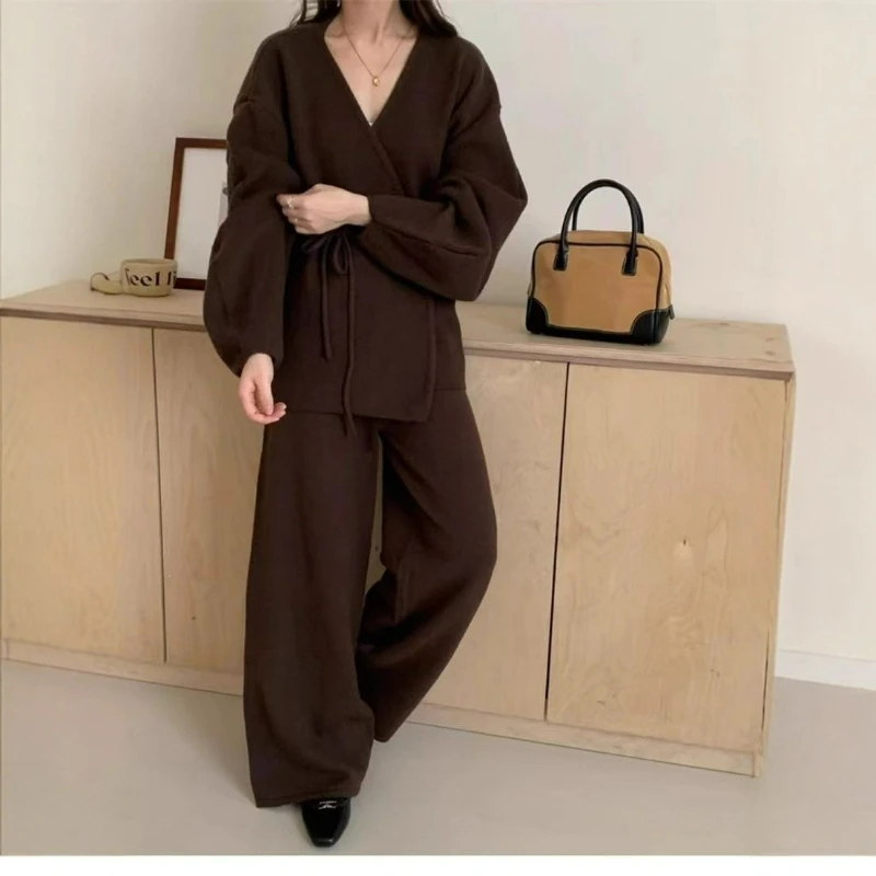 Women Thick Sweaters Lace Up Two Piece Pant Sets V Neck Full Sleeve Knit Wide Leg Pants Midi Waist Elegant Office Lady Autumn
