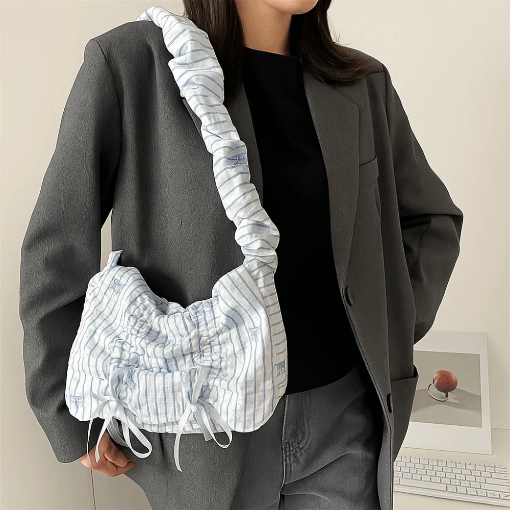 

Embroidery Sweet Pleated Shoulder Bag Stripe Nylon Bow Tote Bag Bowknot Pastoral Style Fresh Lace Handbag Shopping