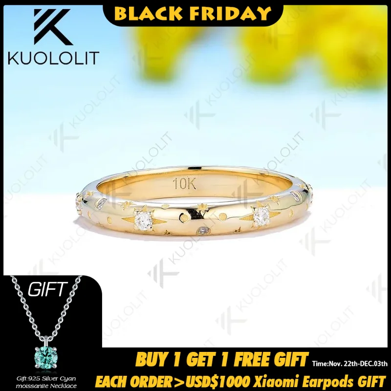 Kuololit Starburst Moissanite Band Rings for Women Men Solid 18K 14K 10K  Yellow Gold for Anniversary Engagement Gifts