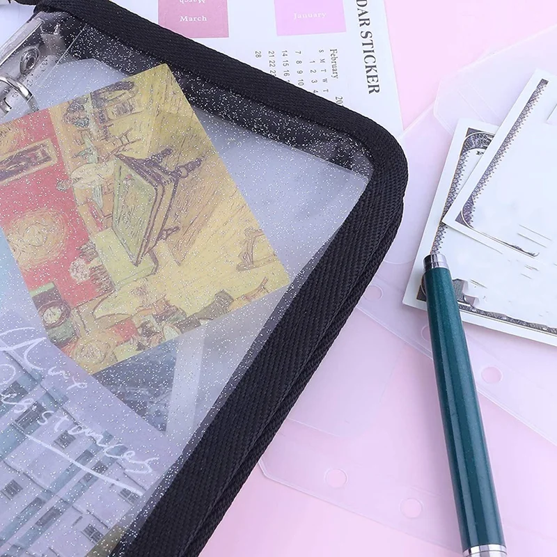 กระเป๋าสตางค์มีซิป A6 PVC แบบ A6กระเป๋าใบหลวม6ห่วงห่วงห่วงสำหรับเก็บเงินสดระบบกระเป๋าสตางค์