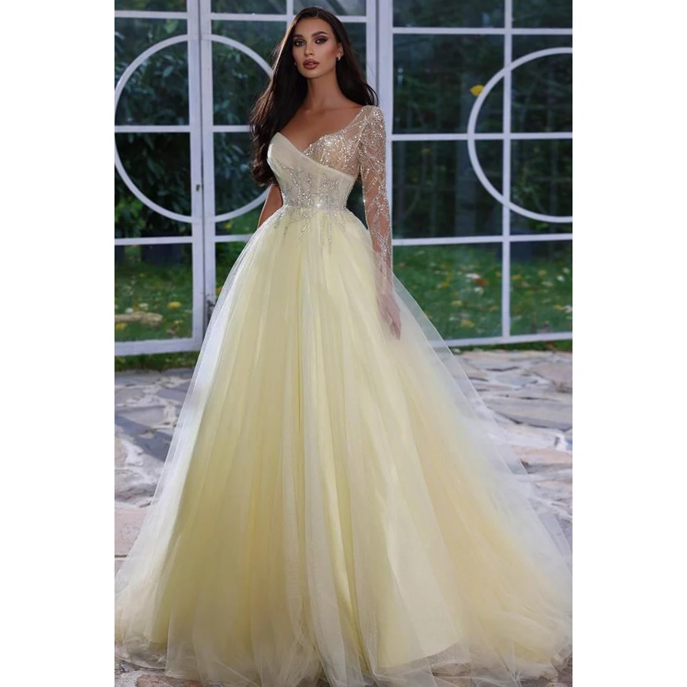 Elegante elegante amarelo feminino vestidos de baile querida mangas completas brilhante a linha até o chão high end vestidos de festa de noite inteligentes