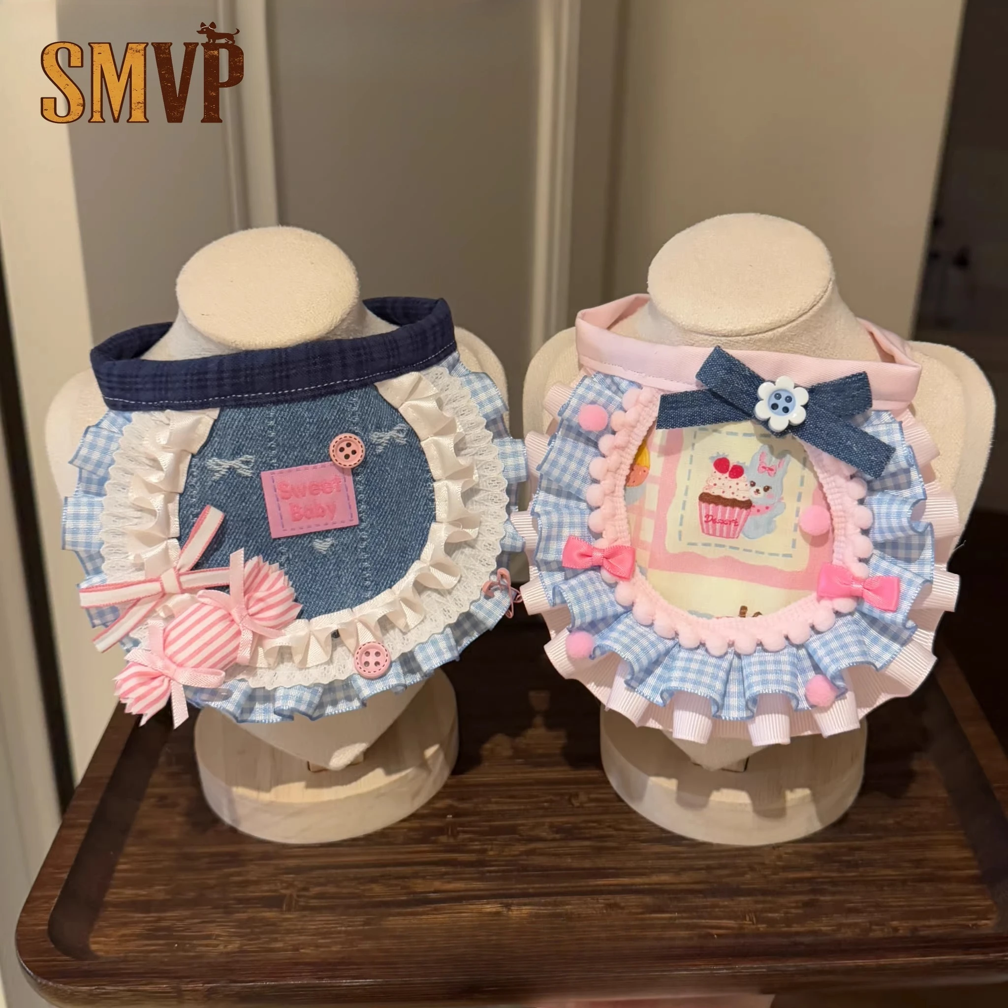 

Original Design Sweet Lolita Style Powder Blue Ruffled Small Furball Decoration Cute and Playful Pet Kitten Puppy Bib