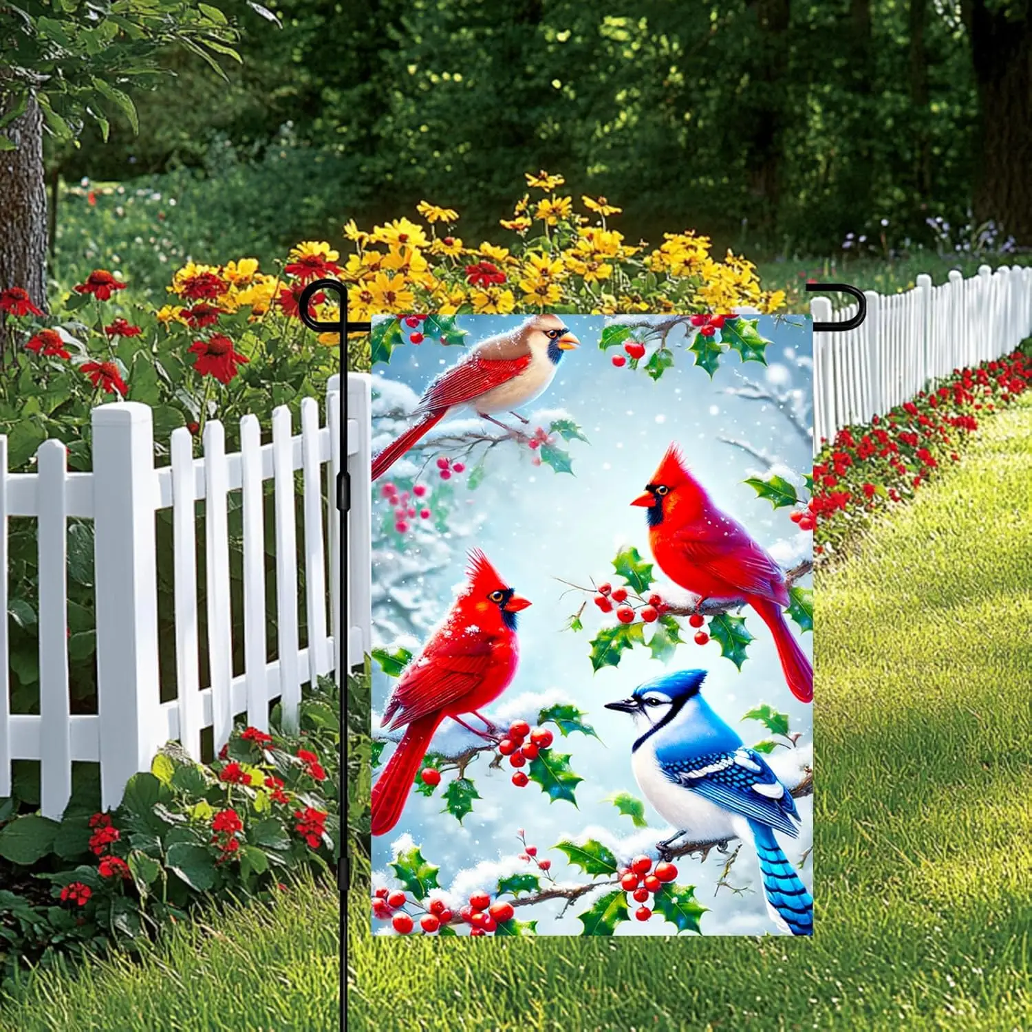 Christmas Garden Flag 12x18 Inch Winter Birds Cardinal Blue Jay Snow Scene Red Berries Holly Leaves Small Holiday Yard Flag  llz