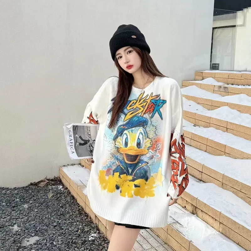 Nova chegada das mulheres disney mickey mouse oversized camisola branca-all-over cartoon gráfico na moda casual manga longa pulôver