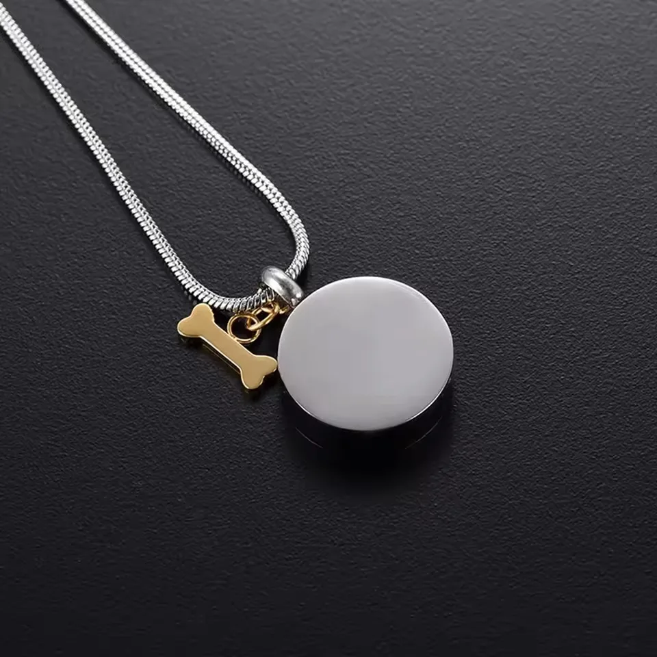 Round Pet Paw Print Urn Pendant for Ashes with Dog Bone Stainless Steel Customizable Memorial Necklaces Keepsake Ashes Jewelry