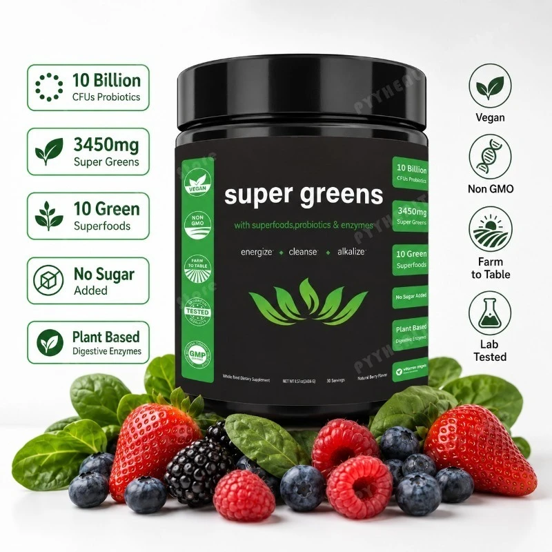 

Super Greens Powder with Fruits Veggies Blend, Probiotics & Digestive Enzymes, Berry Daily Greens Drink Mix, 30 Servings