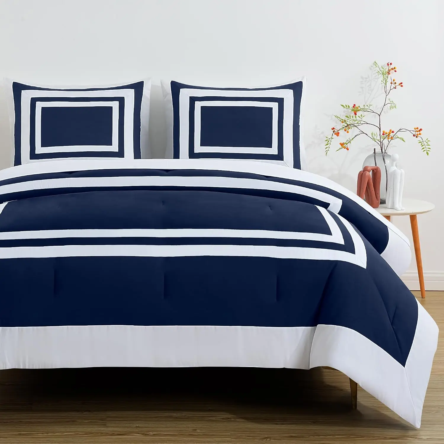 Wyatt 7-Piece California King Bed in a Bag Comforter Set - Hotel Style Bedding with Sheet Set - Navy Blue/White Square Pattern