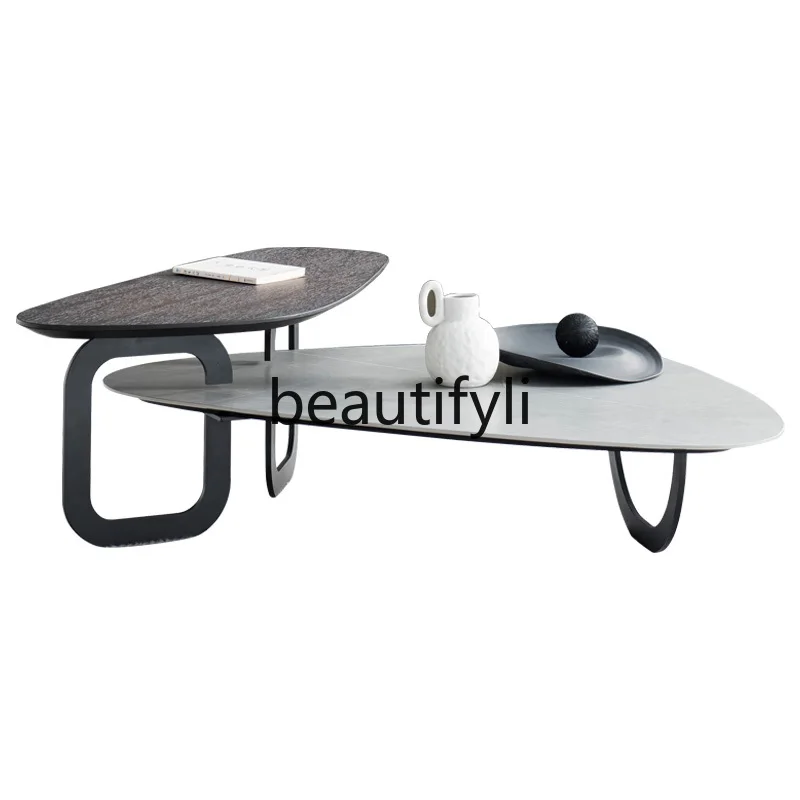 

Italian Minimalist Living Room Rock Plate Combination Coffee Table Modern Light Luxury Small Apartment Curved Side Table