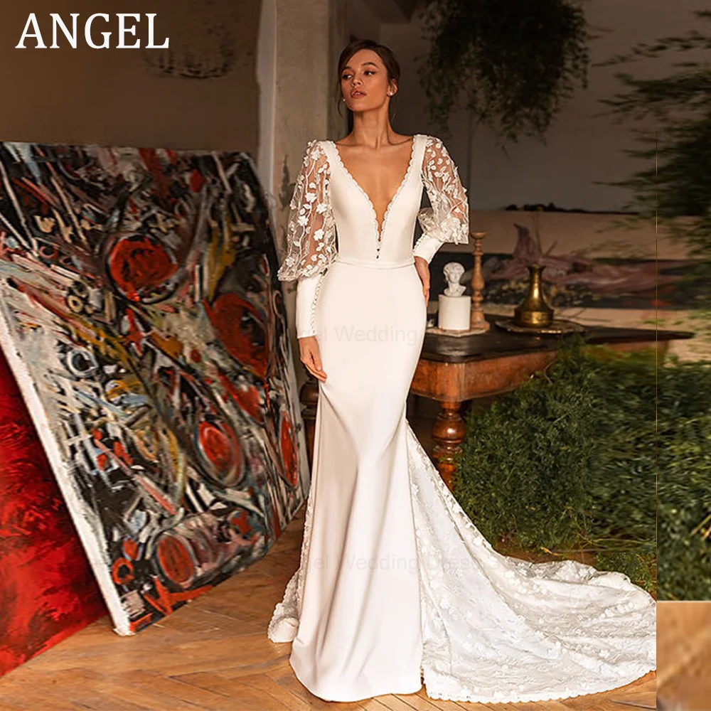 

Elegant Elegant Mermaid Wedding Dress Women Customized V-Neck Open Back Lace Applique Bridal Gown Sweep Train Vestido De Novia