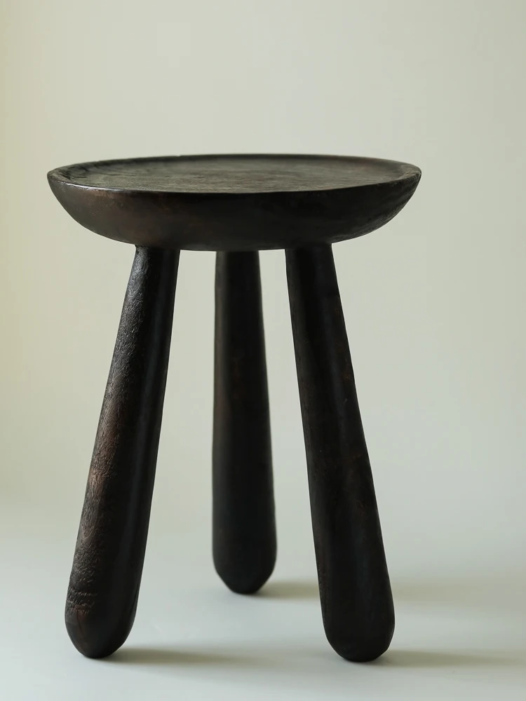 Chinese Retro Style Original Wooden Stool Creative home Decor Wabi-Sabi Style Black Stool Round Wood Side Table Size35x35x45cm