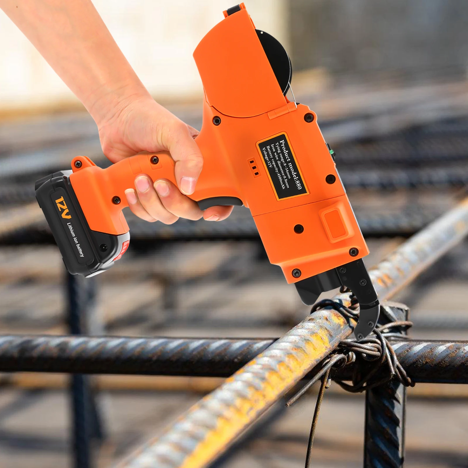 

12V Automatic Handheld Rebar Tying Tool, 8-34mm Rebar Tying Machine, Reinforcing Steel Tying Machine Orange
