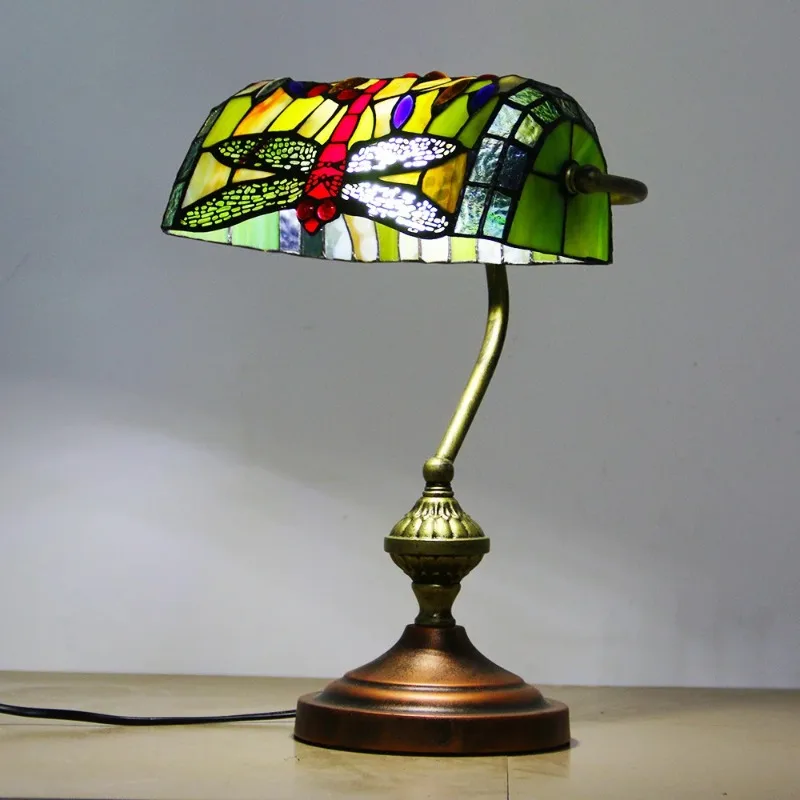 

Retro Tiffany Stained Glass Dragonfly Flower Lampshade Reading Rotated Table Lamps Bedroom Bedside Study Office Art Desk Lights