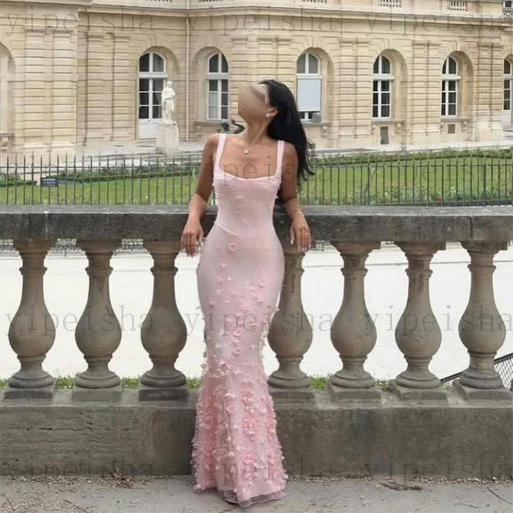 Personalizado gola quadrada sereia vestidos de noite cinta espaguete vestido de festa 3d flores lantejoulas rendas apliques longo vestido de baile