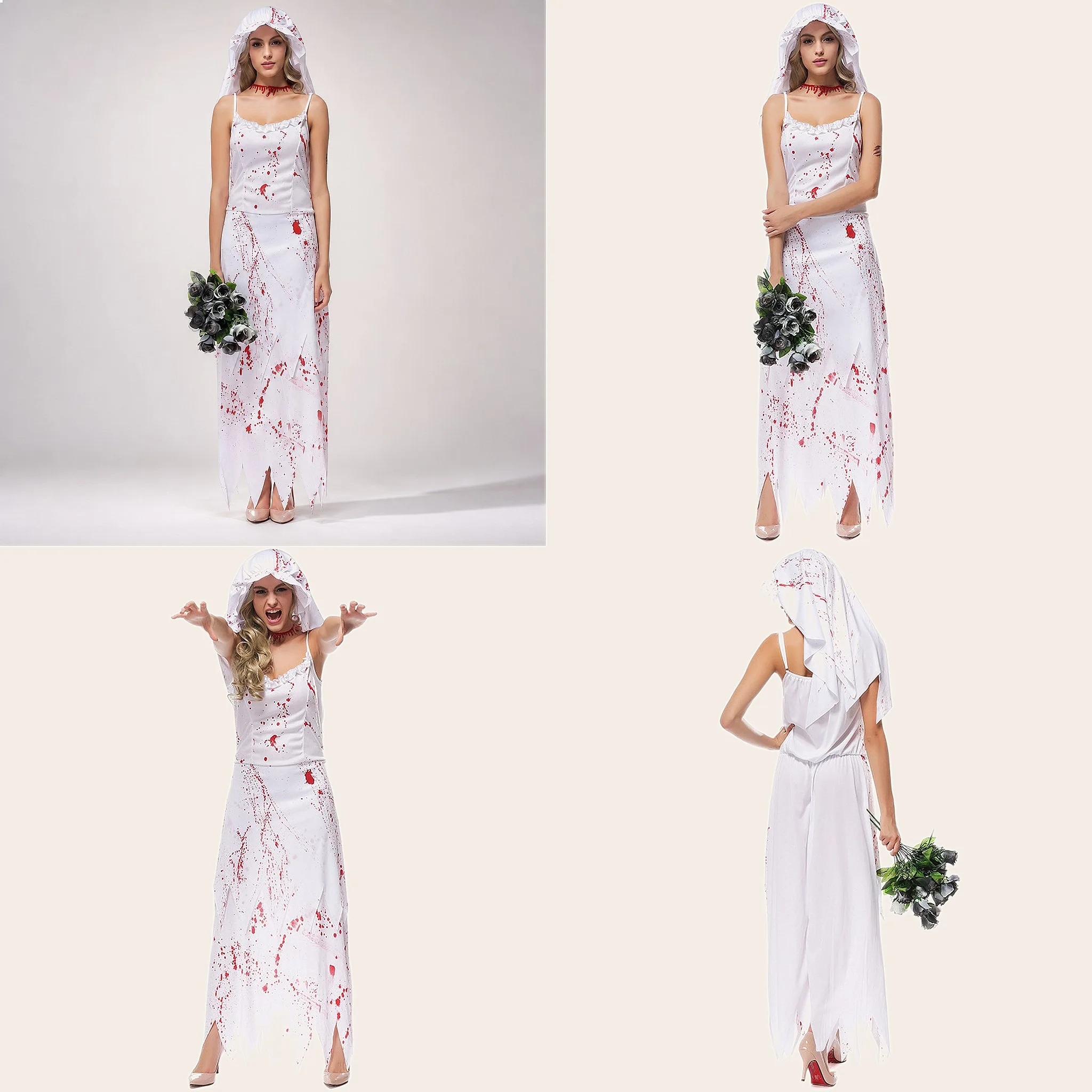 White Bloody Zombie Ghost Bride Halloween Costume Women Dark Art Photography Outfit Set
