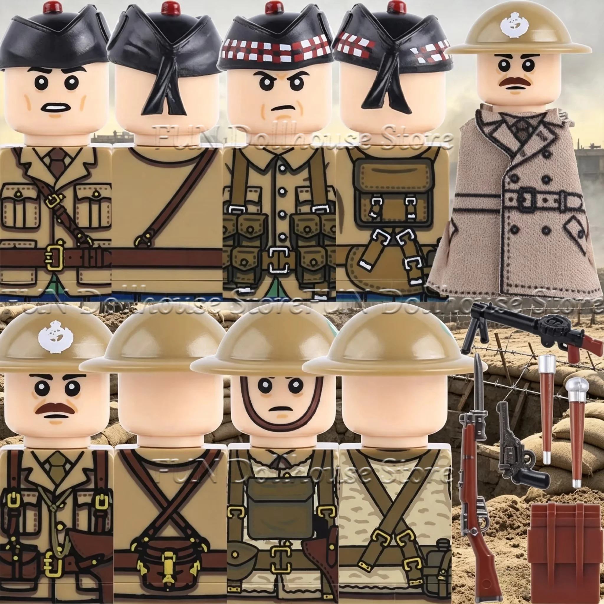 Erste-Welt-Krieg Britische Militärfiguren: Infanterie, Kavallerie, Leutnant Manchester, Schütze, Helm, Bausteine, Spielzeug für Jungen, Geschenk