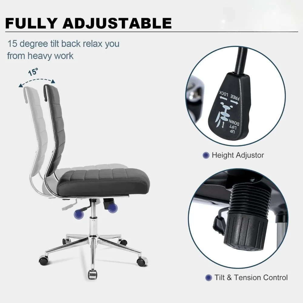 mless Office Desk Chair, Mid Back Leather Conference Room Chairs Without Armrests, Modern Office Chair Ribbed.